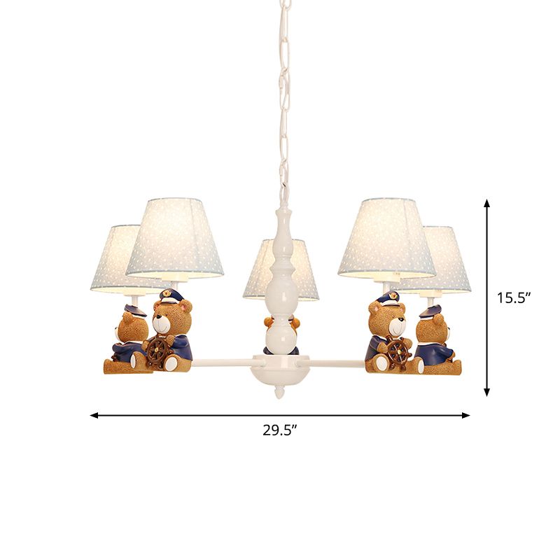 Resin Bear Ceiling Lighting Cartoon White Chandelier Light Fixture with Patterned Fabric Shade