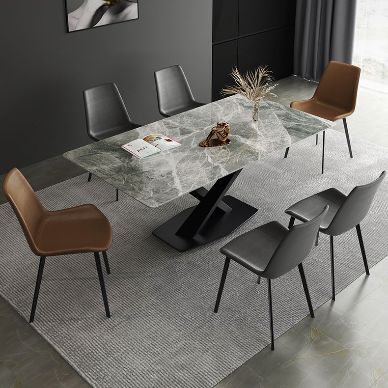Modern Sintered Stone Gray Dining Table Set with Rectangle Table and Metal Base Formal Dining Set