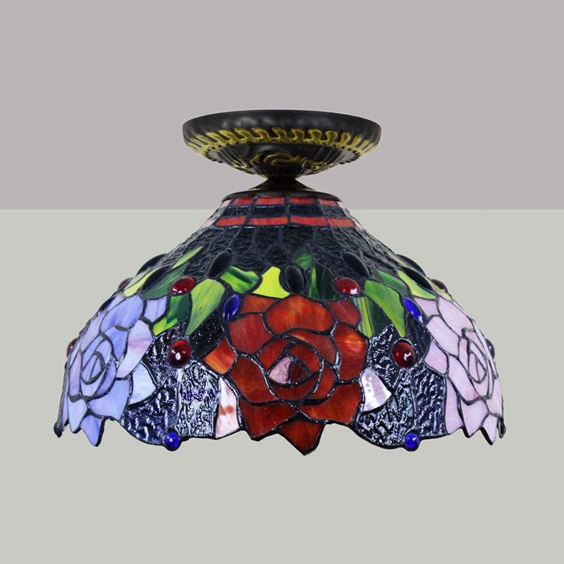 Rose Metal Ceiling Flush Mount Tiffany 12"/16" W 1 Head Brass Flush Mount Light Fixture
