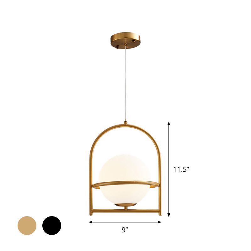 Modern Ball Suspension Light with Birdcage Design Opal Glass 1 Bulb 9"/11" Wide Bedside Ceiling Hang Fixture in Black/Gold