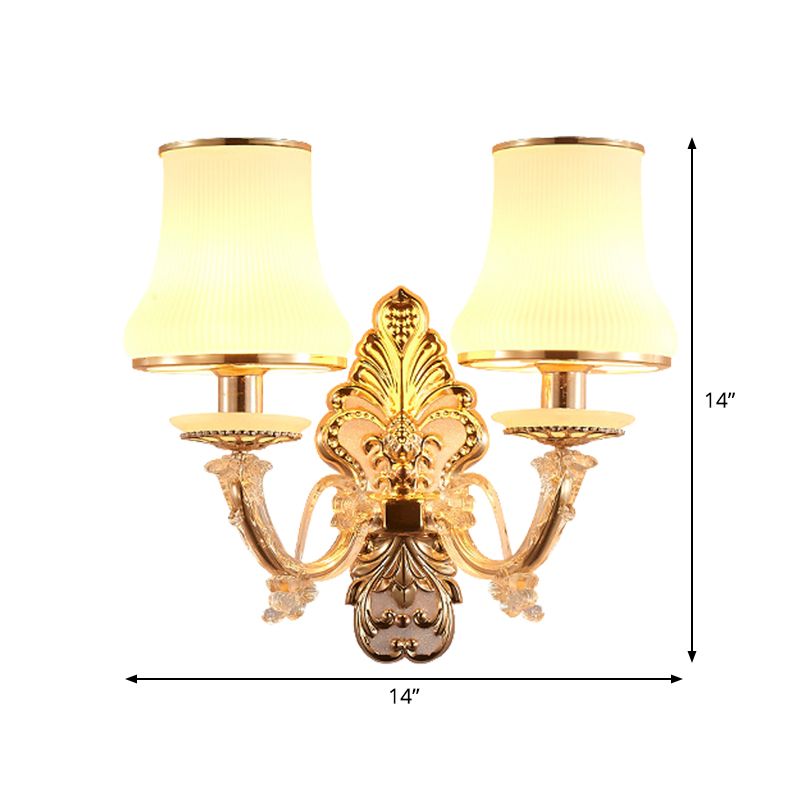 2 Heads Tapered Sconce Light Rural Gold Milky Glass Wall Mounted Lighting with Crystal Ball Droplet