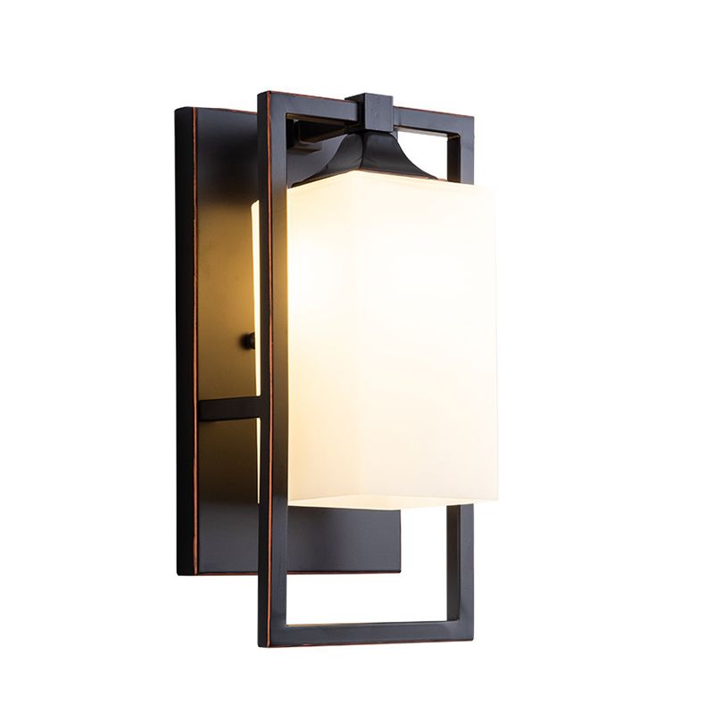 Retro Metal Wall Light Black 1 Light Wall Sconce with White Glass for Living Room