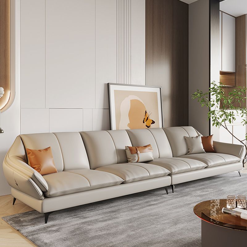 Contemporary Sectional Sofa Beige Leather Sectional with Pillows