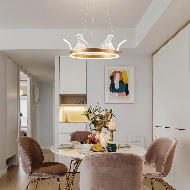 Minimalist LED Suspension Light Gold Crown Shaped Chandelier with Acrylic Diffuser