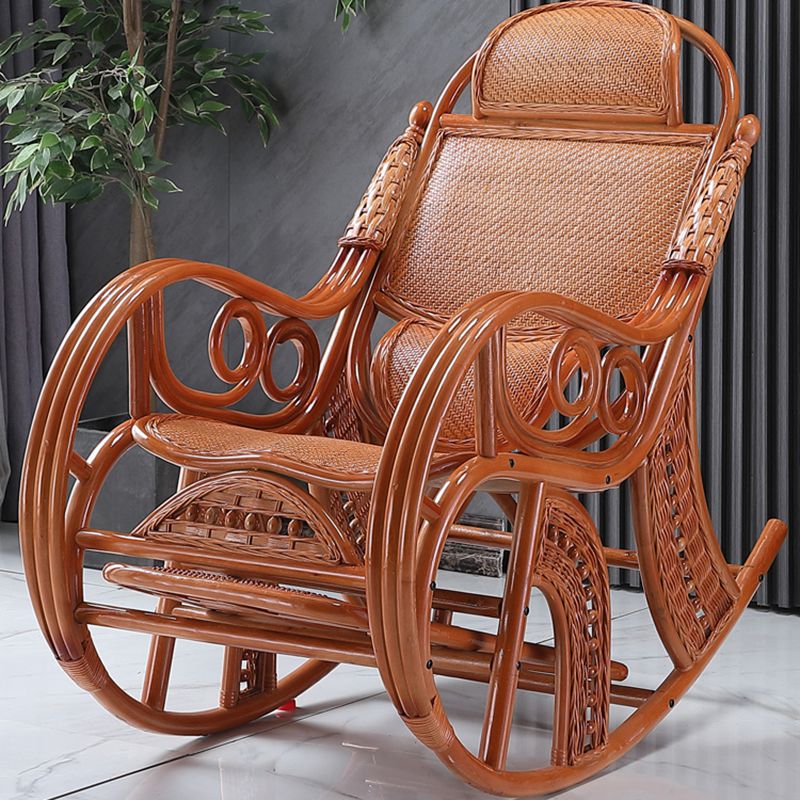 Traditional Rocking Chair Wicker Spindle Backrest Built-in Armrest Indoor Rocking Chair