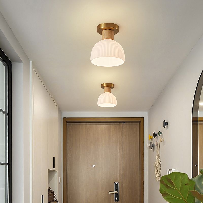 Modern Ceiling Light Wooden Flush Mount Ceiling Light Fixture with Glass Shade