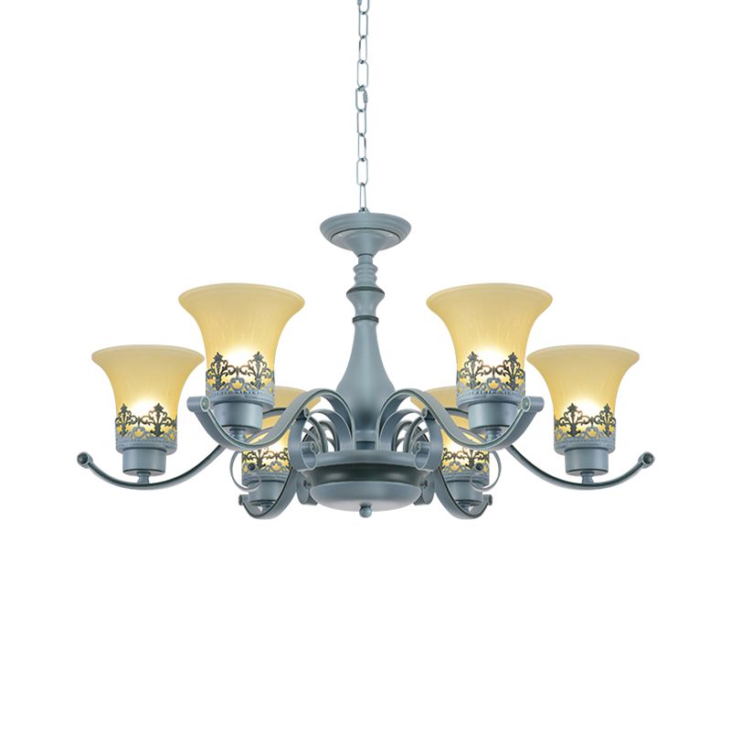 Nordic Flared Chandelier Lighting Amber Glass 6-Light Living Room Hanging Ceiling Lamp with Curvy Arm in Blue
