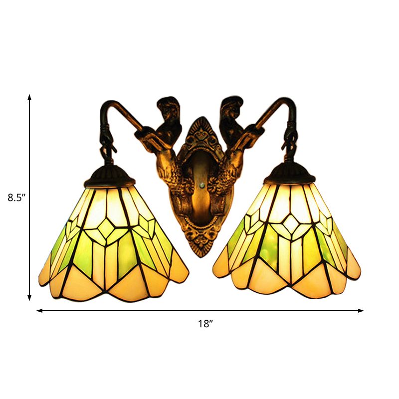 Conical Wall Light Fixture Tiffany Green and White Glass 2 Heads Aged Brass Sconce Light