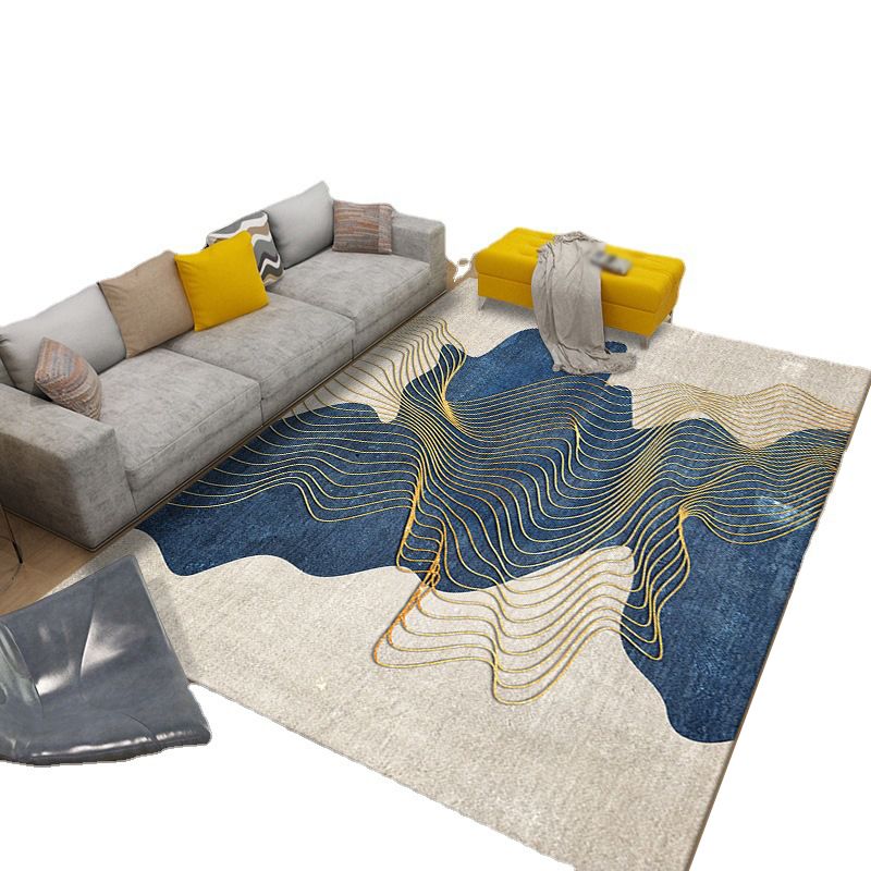 Black Modern Rug Polyester Irregular Line Rug Washable Rug for Drawing Room