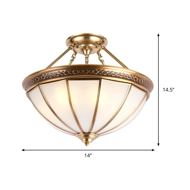 3 Lights Opal Glass Semi Flush Lighting Colonialism Brass Dome Shade Corridor Ceiling Mounted Fixture