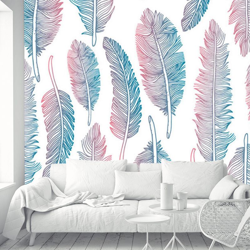 Pink-Blue Feathers Wallpaper Murals Moisture Resistant Modern Living Room Wall Art
