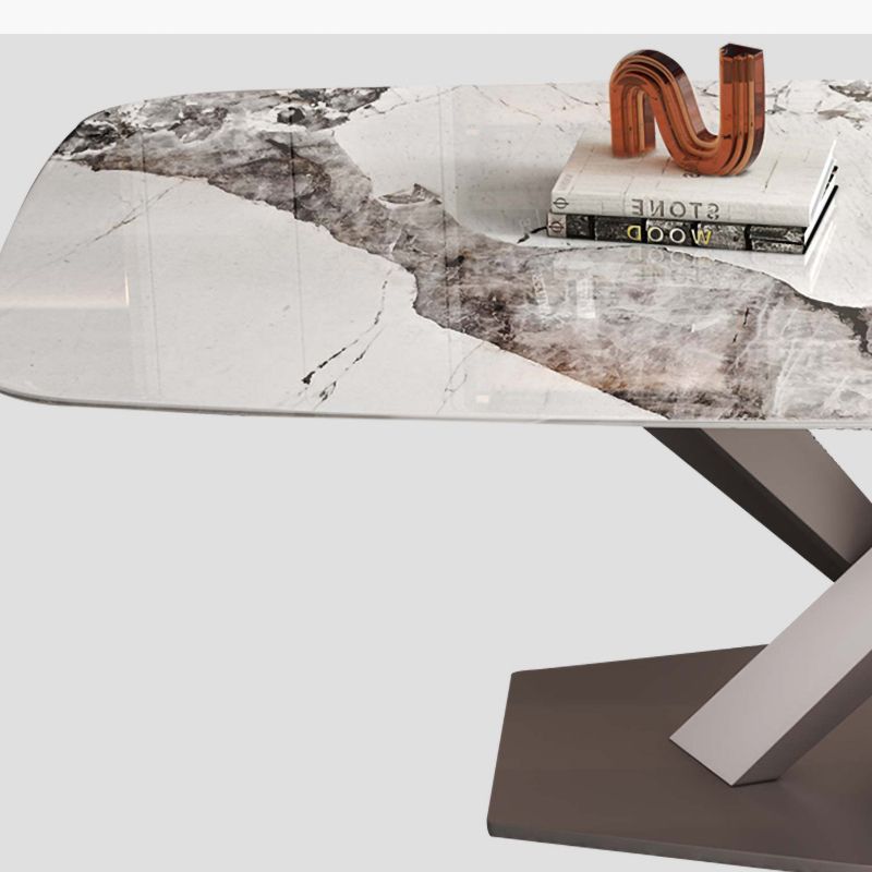 Rectangle White Tone Dining Table Sintered Stone Table Luxury with Pedestal