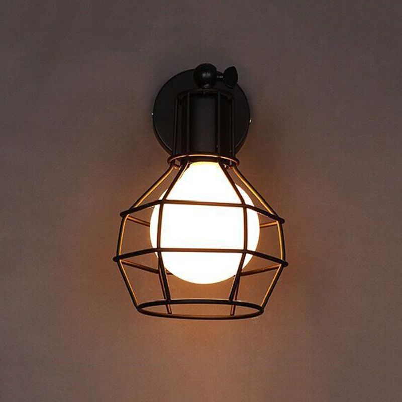 Diamond Cage Wall Mount Lamp 1-Light Vintage Black Wall Lighting Fixture for Hallway