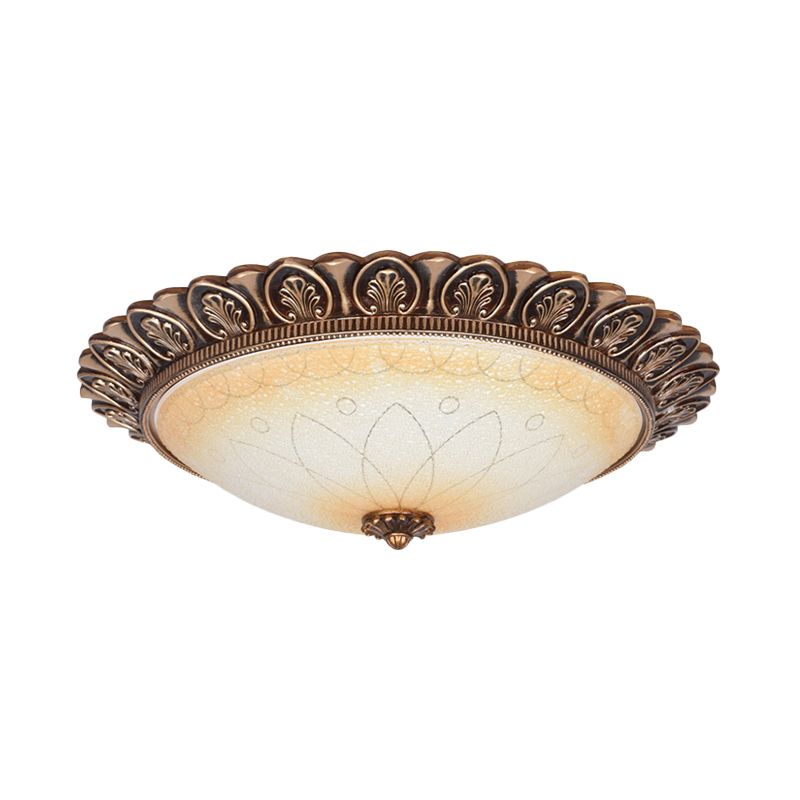 LED Flush Ceiling Light Antique Leaf-Trimmed Dome Frosted Glass Flushmount Lighting in Gold