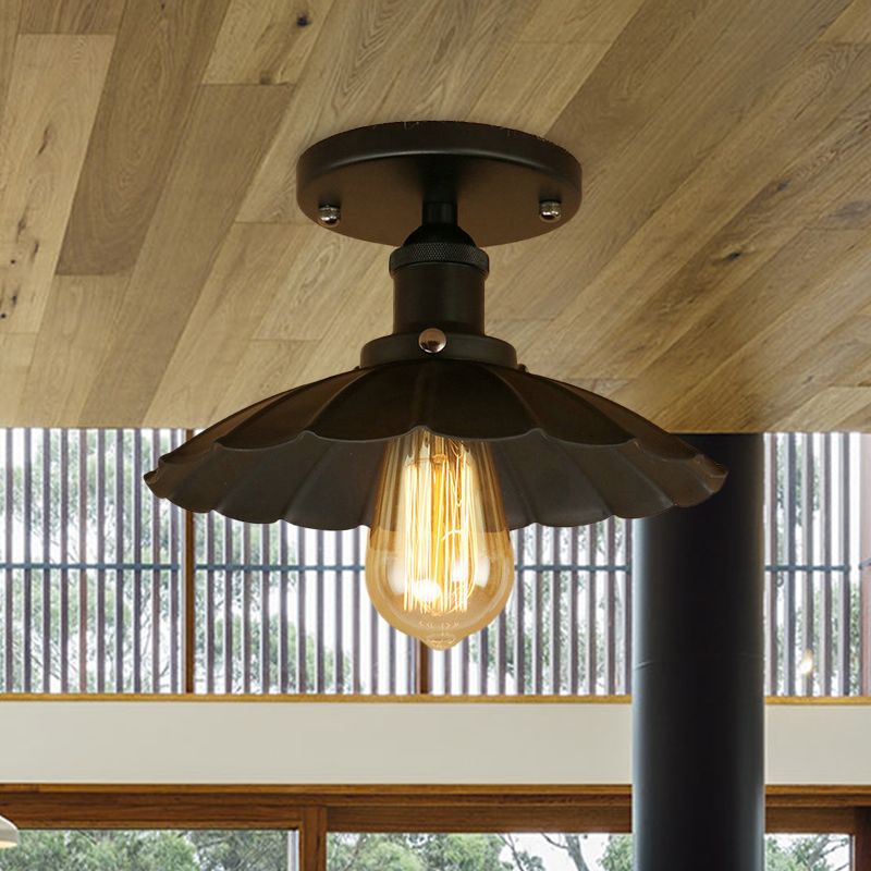 1 Head Fer Semi-Flush Light Antique Style Rust / Black Scalloped Shade Balcony Semi Flush Mount Lighting