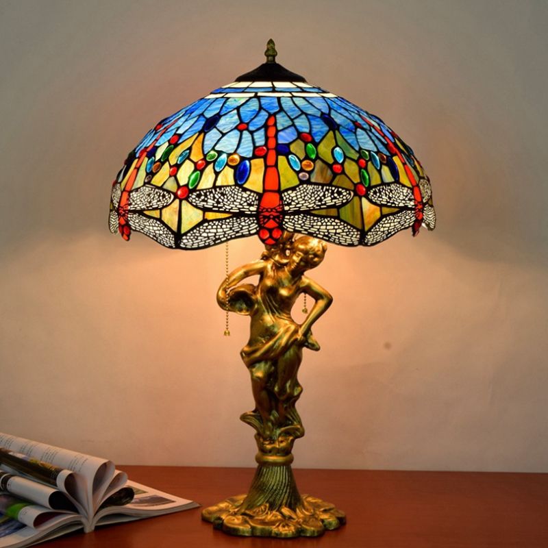 Dragonfly Cabochons Embedded Table Light 3-Light Yellow/Orange/Blue Glass Tiffany Nightstand Lamp with Pull Chain