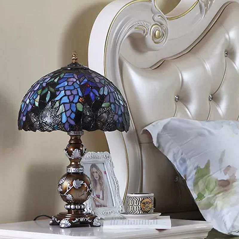 Brown Gourd Table Lighting Baroque 1 Bulb Resin Nightstand Lamp with Locust Stained Glass Shade