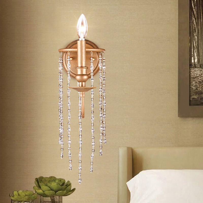 Open Bulb Metal Wall Mounted Lamp Modern Style 1 Head Copper Sconce Light with Clear Crystal Beaded Strand