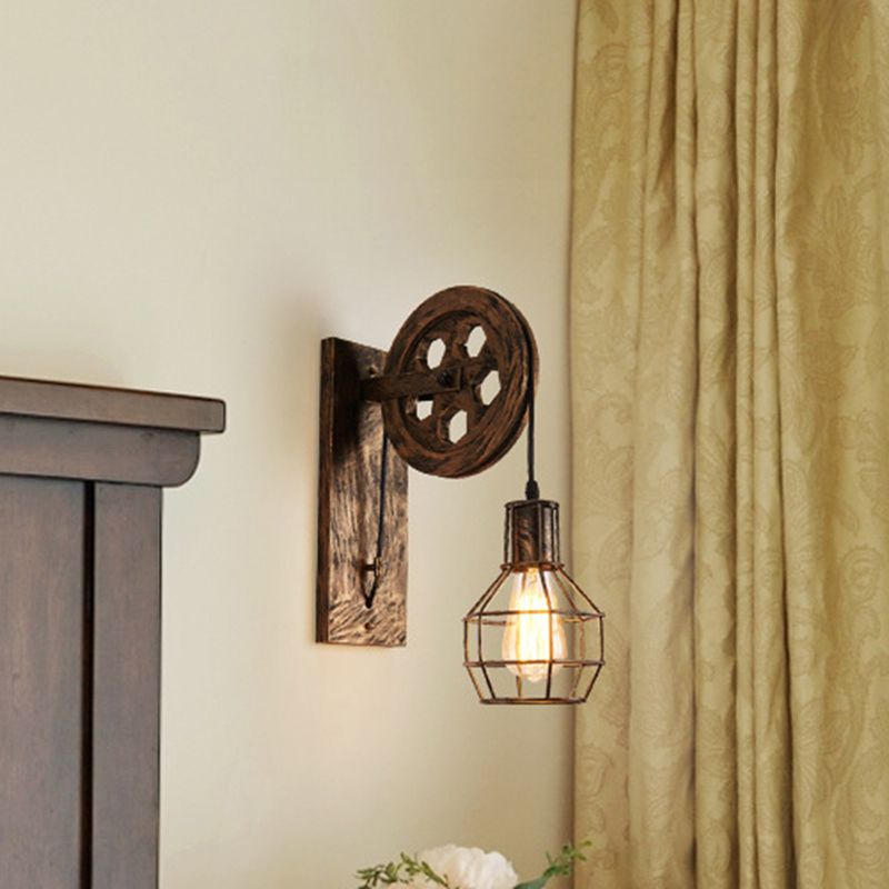 Spherical Wire Cage Foyer Wall Light Rustic Iron 1-Light Bedroom Wall Mount Lamp with Pulley