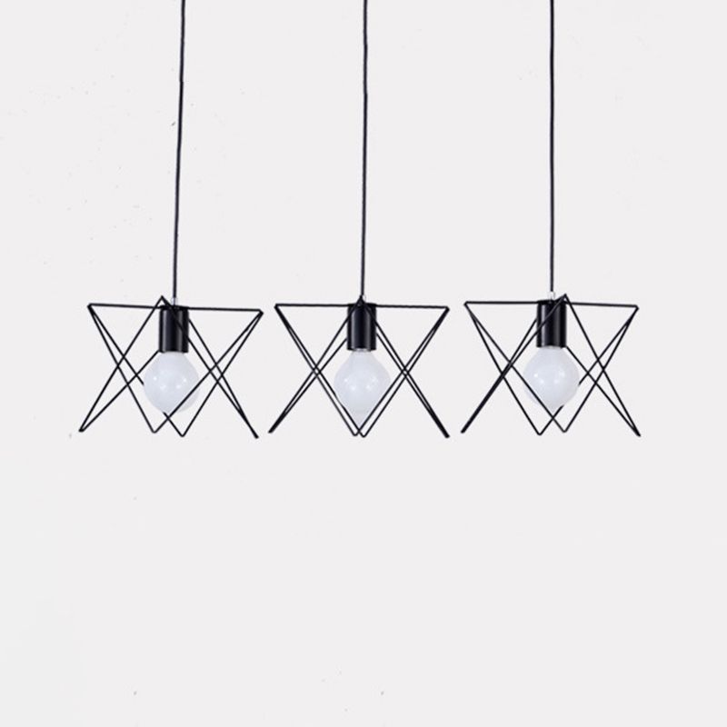 3 Bulbs Iron Suspension Light Antique Black Geometrical Cage Living Room Multi Ceiling Lamp