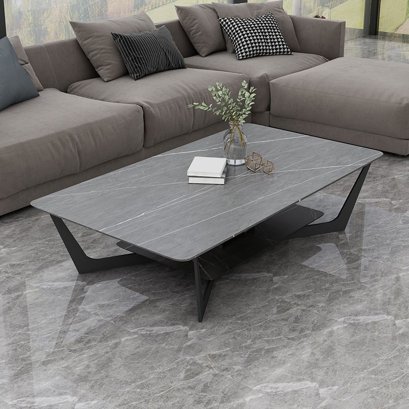 Modern Slate Cross Legs Coffee Table with Shelf Rectangular Cocktail Table in Black