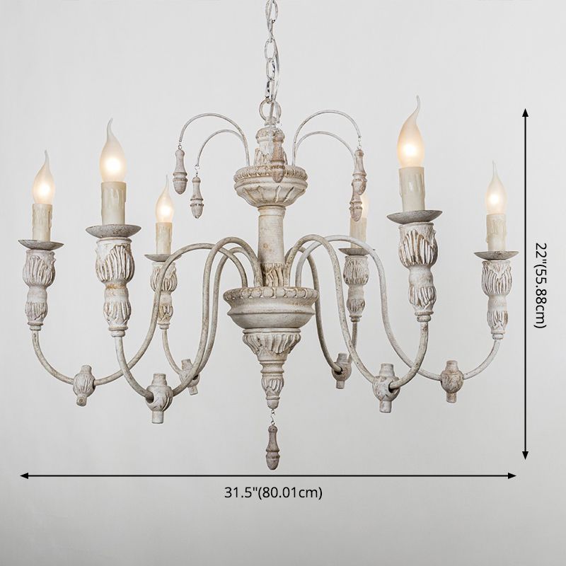 Hand Carving Aged Solid Wood Chandelier 6-light Rustic Style Candlestick Design Lighting Fixture for Coffee Shop