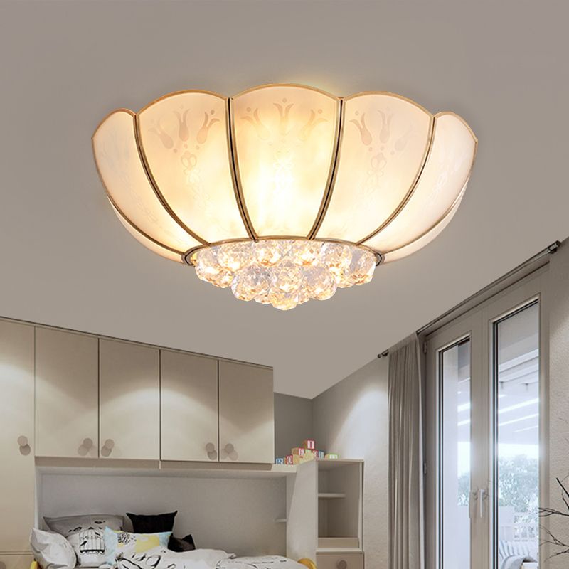 Ivory Glass Scallop Ceiling Fixture Colonialism 4/6 Bulbs Bedroom Flush Mount Lighting in Gold with Crystal Ball
