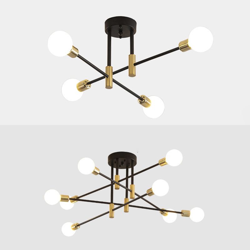 Black and Gold Semi Flush Mount in Industrial Creative Style Wrought Iron Radial Ceiling Light