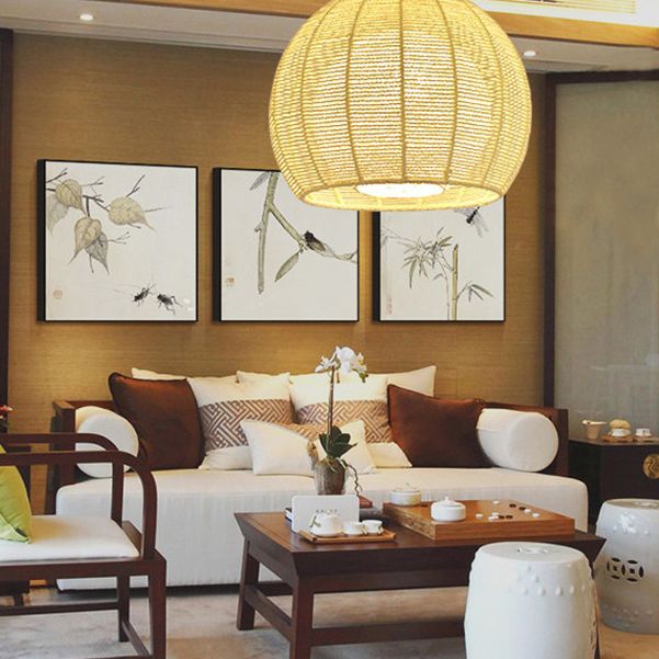 Asian Style Hand-weaving Lighting Fixture Double Rattan Shade Simplicity Globe Hanging Light for Bedroom Balcony