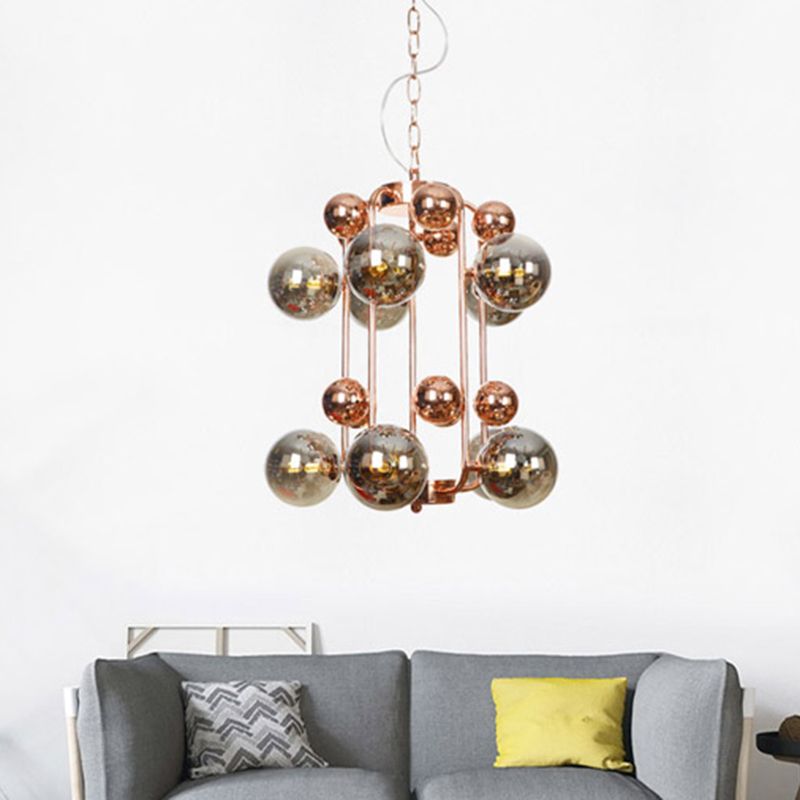 Ball Hanging Chandelier Modernist Smoke Gray/Amber Glass 10-Light Rose Gold Ceiling Suspension Lamp with Frame
