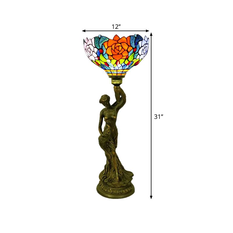 Bowl Table Lighting 1 Head Stained Glass Baroque Petal/Dragonfly Patterned Night Lamp in Brass with Resin Naked Woman Base