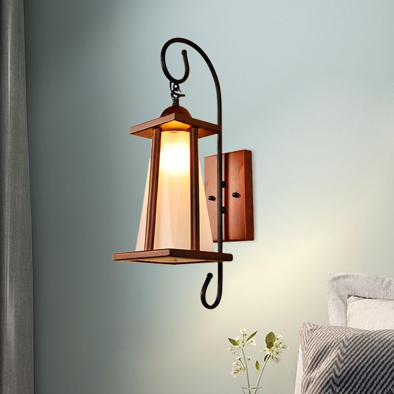 Trapezoid Bedroom Wall Lighting Rustic Frosted Glass 1-Light Brown Wall Light Sconce with Wood Frame