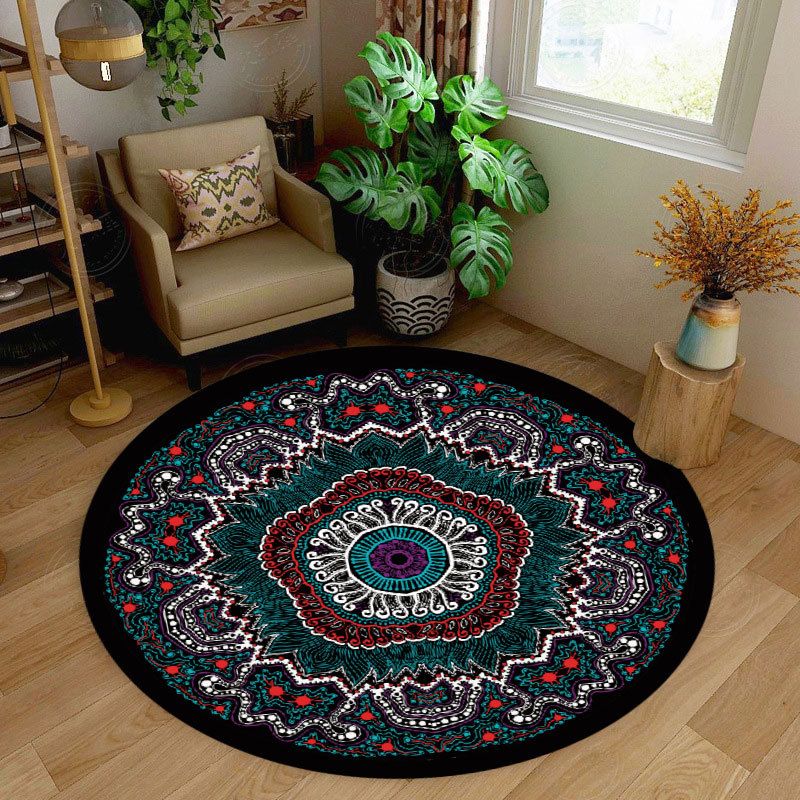Retro Round Rug Medallion Print Polyester Carpet Non-Slip Backing Area Rug for Living Room