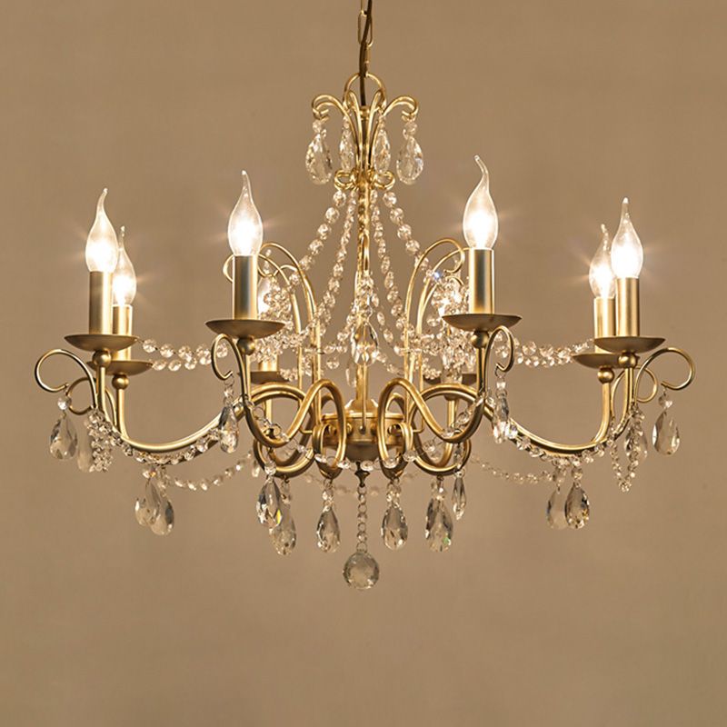 American Rustic Style Chandelier Light with Clear Crystal Drops Multi-lights Vintage Dining Room Lighting Fixture