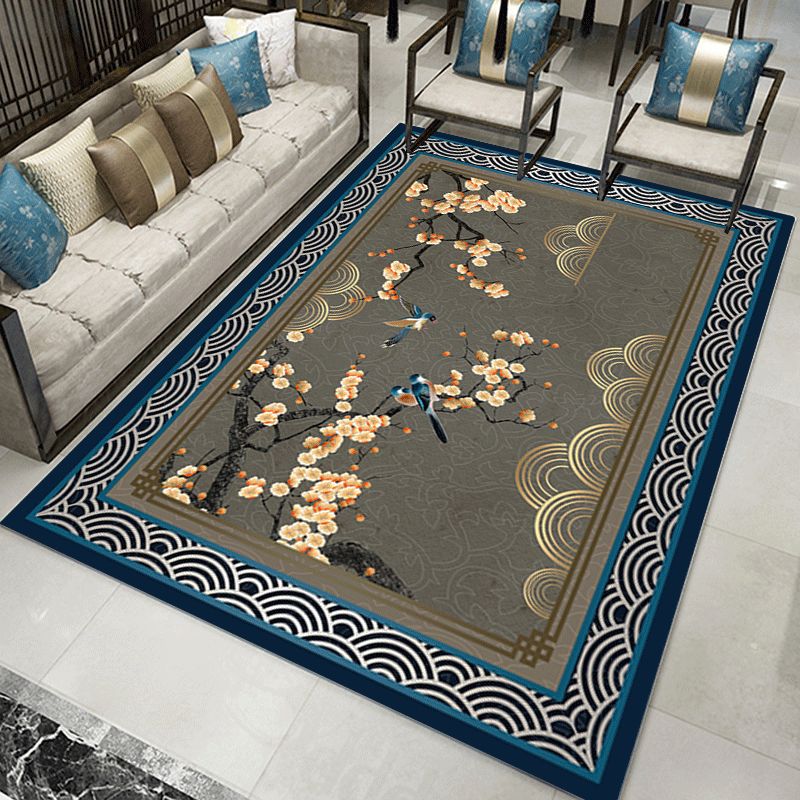Dark Color Asia Area Rug Polyester Ink Branch Print Rug Non-Slip Backing Indoor Rug for Living Room