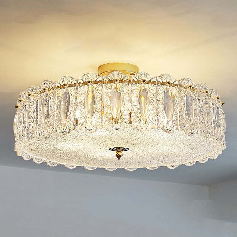 Lampe de plafond de forme ronde Mount à chasse d'eau en fer moderne avec abat-jour en verre pour chambre à coucher