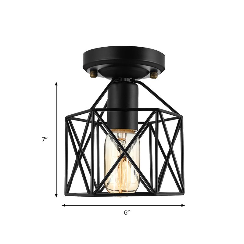 Hexagon Iron Ceiling Mounted Fixture with Cage Shade Vintage Stylish 1 Bulb Balcony Close to Ceiling Lamp in Black/White
