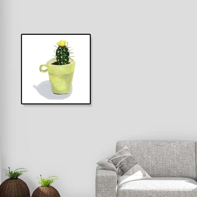 Nordic Illustration Bonsai Cactus Canvas Yellow Textured Wall Art Print for Child Room