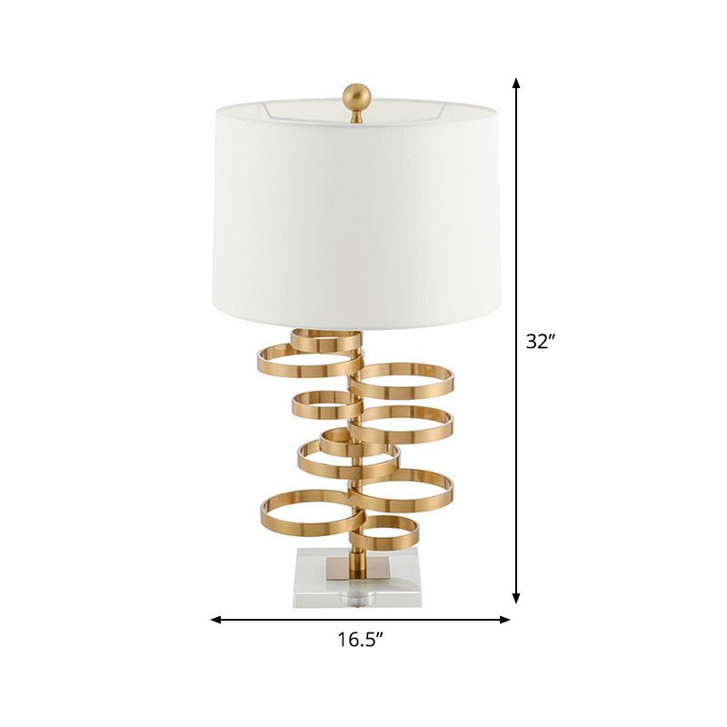 1-Head Bedroom Night Table Light Post-Modern White Metal Nightstand Lamp with Drum Fabric Shade