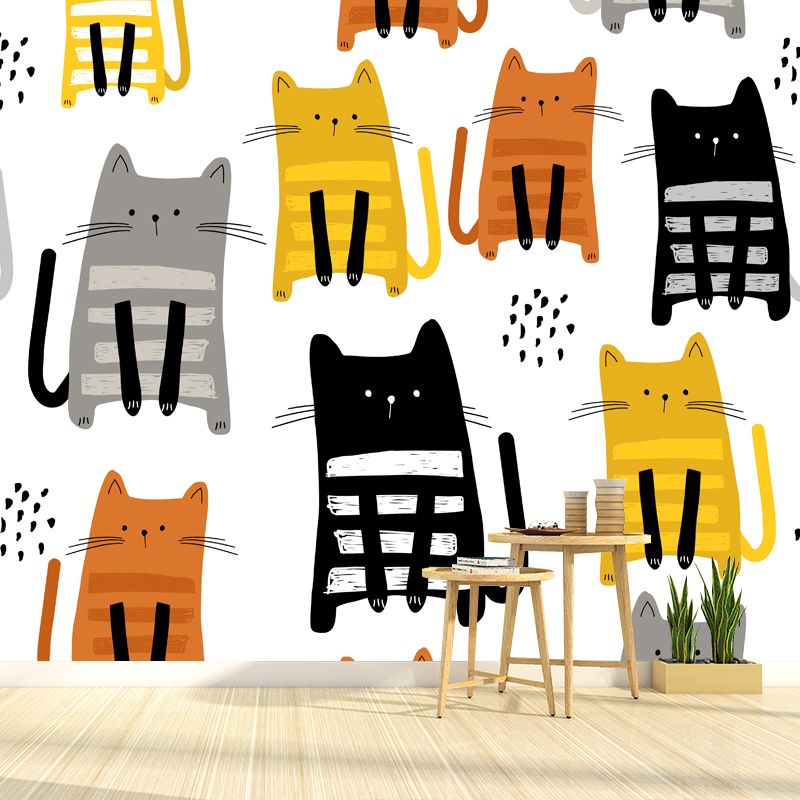 Kids Kitty Wall Paper Mural White Moisture Resistant Wall Art for Nursery, Custom Size