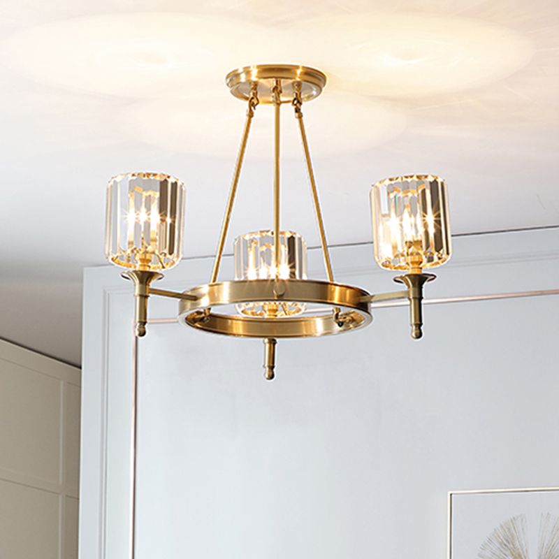 Faceted Crystal Cylinder Chandelier Lighting Modernist 3/5/6 Bulbs Ceiling Pendant Light in Brass