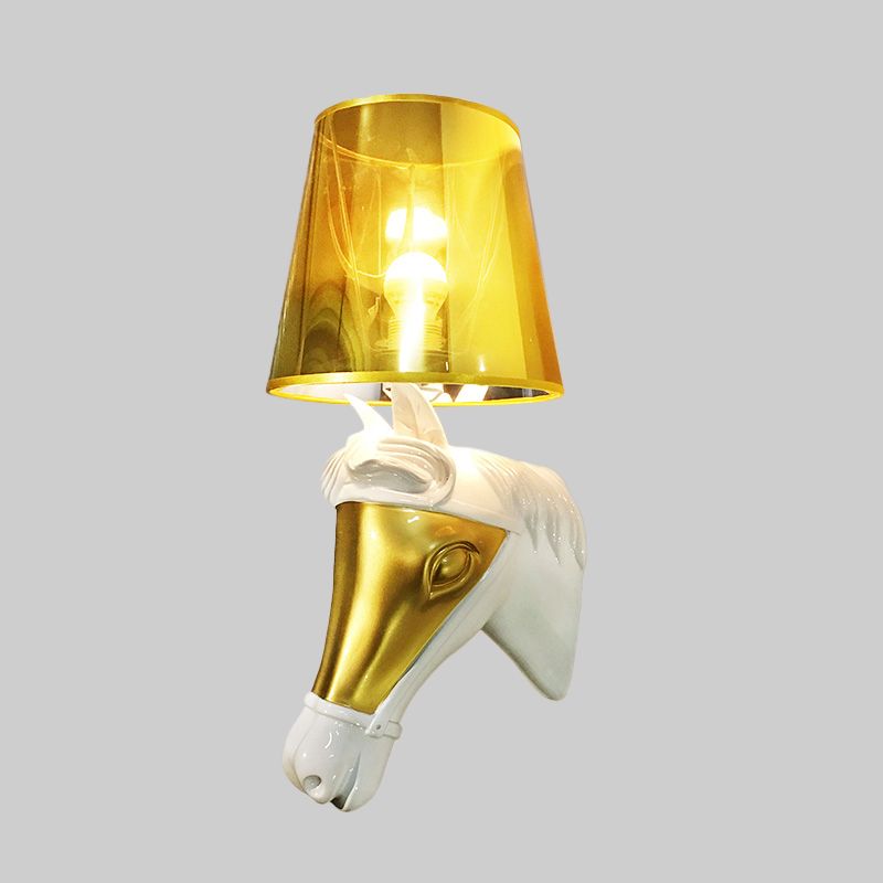 Traditional Cone Sconce Light Fixture 1 Bulb Fabric Wall Mount Lighting in White/Gold for Bedroom with Horse Head Backplate