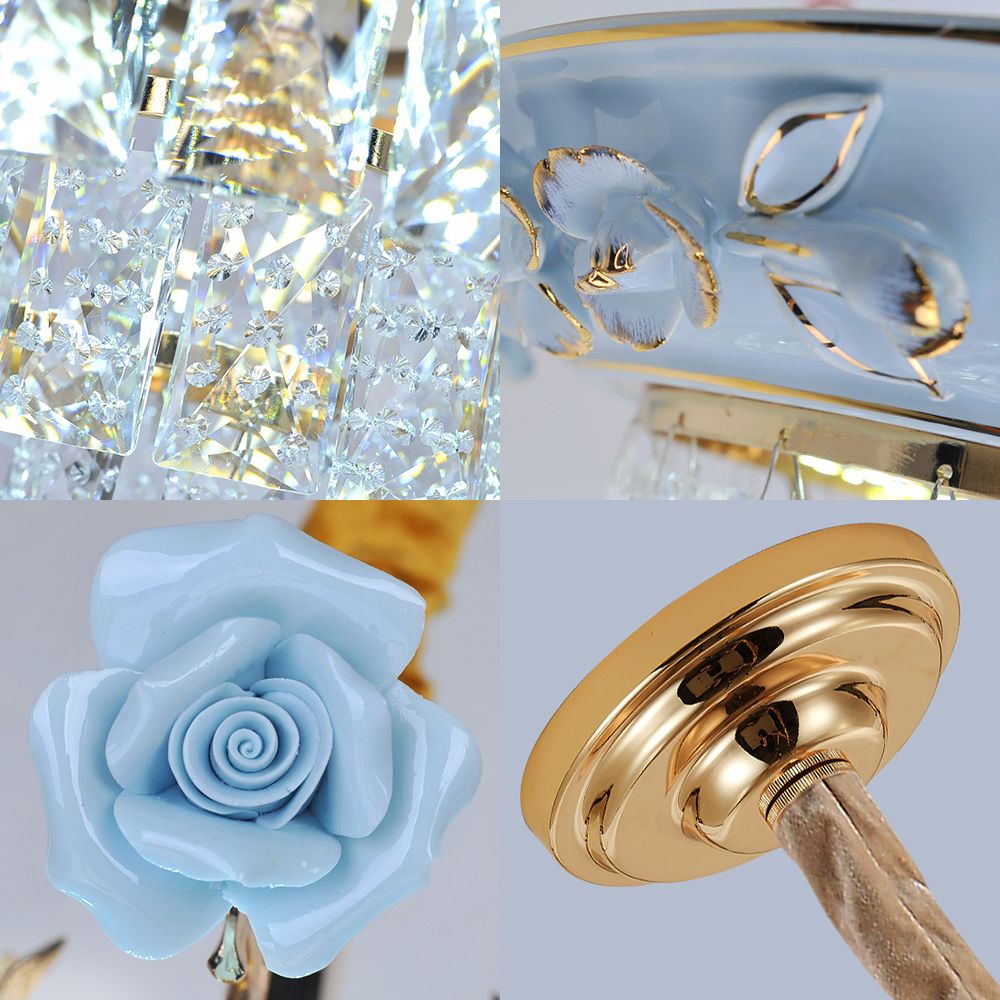 Lampadario a 3 livelli modernismo modernismo in cristallo/blu a led a LED sospeso con fiori in metallo, largo 12 "/14"