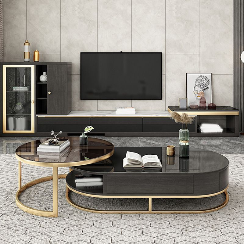 Frame Oval Coffee Table Glam Nesting Coffee Table Set with Drawer