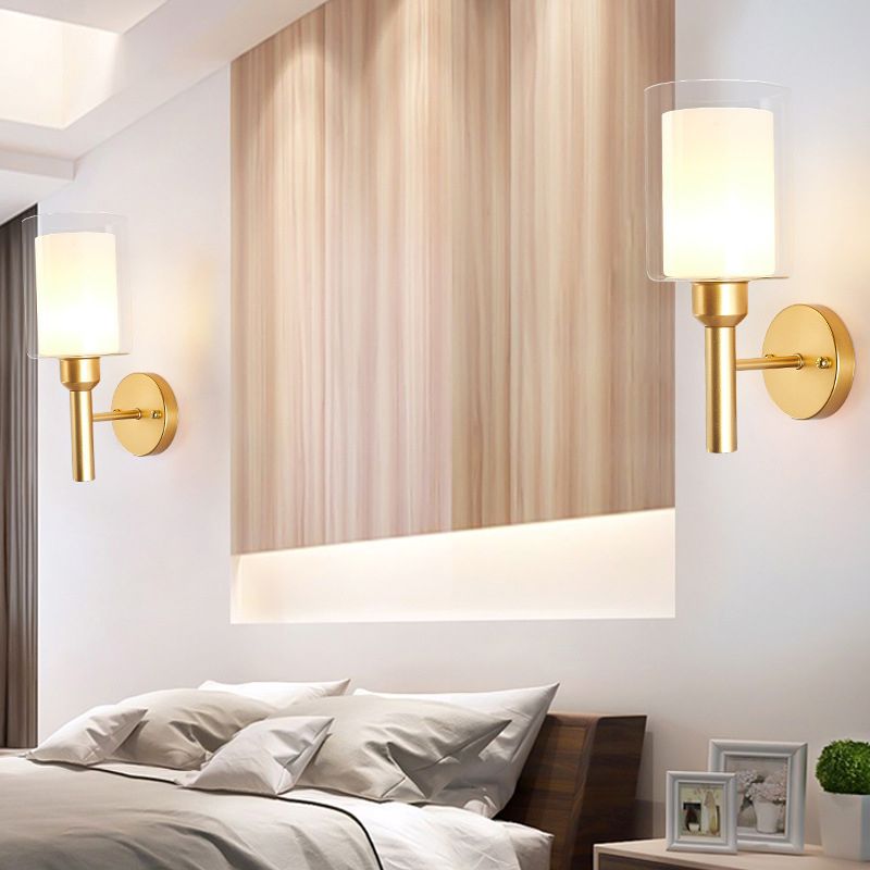 Metallic Single Bulb Wall Light, Golden Finish with Cylinder Shaped Glass Shade