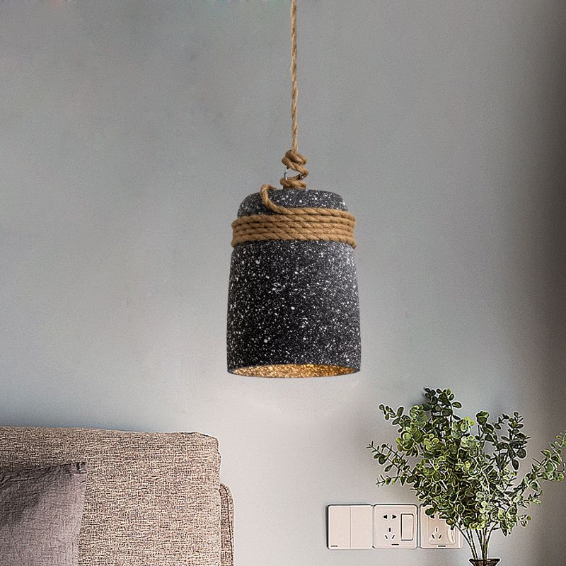 Cement Bell Pendant Lighting Antiqued 1 Bulb Restaurant Ceiling Lamp in Black/Grey/White with Rope Rod