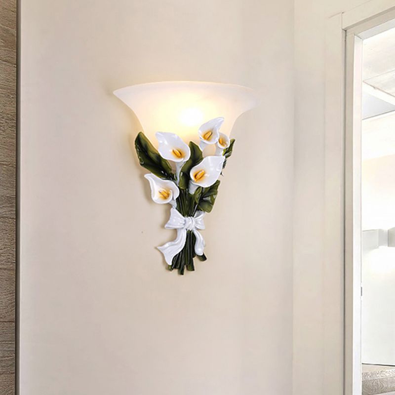 Flared White Glass Sconce Lamp Rustic 1 Light Living Room Wall Mounted Light with Green Bouquet