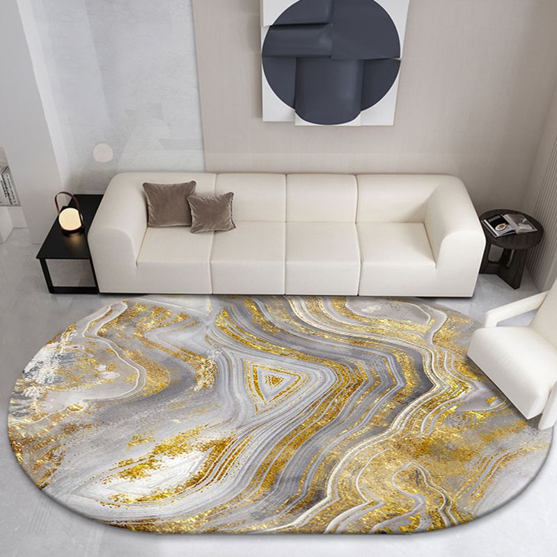Grey Living Room Area Rug Marble Print Polyester Area Carpet Non-Slip Backing Rug