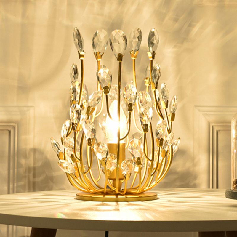 1 Head Table Lamp with Swirled Arm Crystal Teardrops Contemporary Bedchamber Night Light in Gold