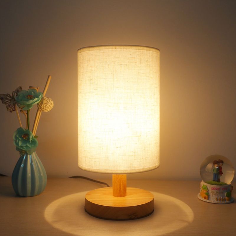 Attività del cilindro in tessuto illuminazione giapponese 1 lampada da lettura in lampadina in bianco/lino con base in legno